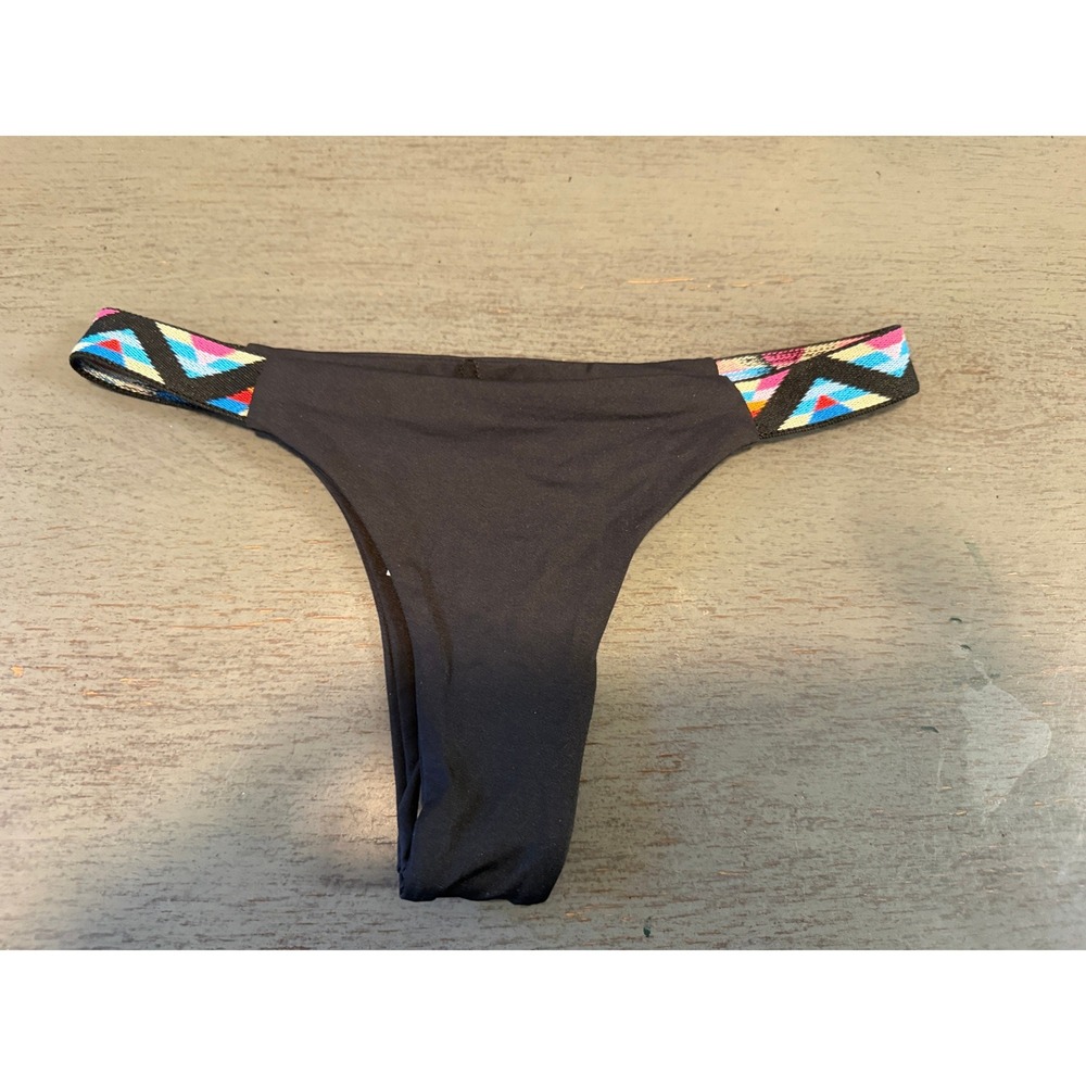 L*Space Itsy Cut Bikini Bottom Black Multi Color Embroidered Straps XS NWOT